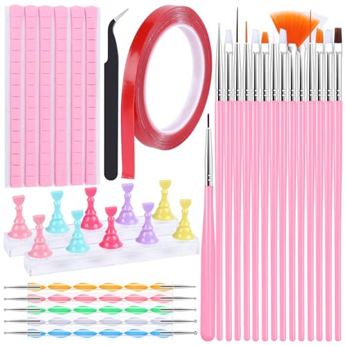 Nail Art Brush Tools Kit: 15 Pcs Nail Brushes 5 Pcs 2-way Dotting Tool 2x Stand Holder for Painting Nails and Press ons 96x Reusable Adhesive Putty and Tweezer Design Supplies Set for Women Salon Home