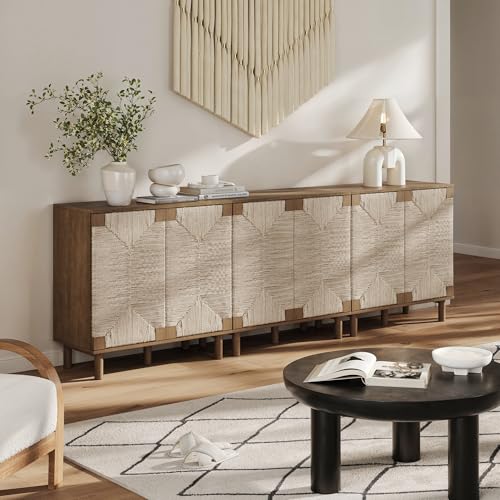 Image of Nathan James Beacon Boho Accent Cabinet with Doors, Free Standing Kitchen Cabinet Storage with Adjustable Interior Shelf and Seagrass Accent, Dark Brown