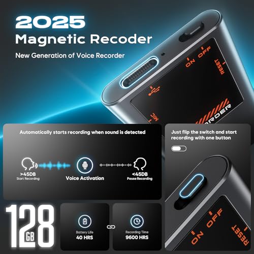 Image of 128GB(9600Hrs) Magnetic Voice Activated Recorder, Digital Voice Recorder with DSP 5.0-AI Noise Reduction for Lectures Meeting, Smart Tape Dictaphone Recording Device, Playback, Classes, Interviews