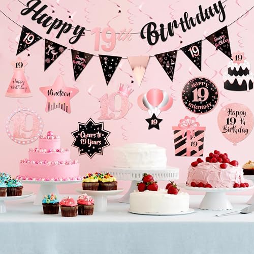 Image of 19th Birthday Decorations Rose Gold Pink Pre Strung Happy 19th Birthday Banner and Hanging Swirls for Girls 19 Year Old Party Decorations Supplies