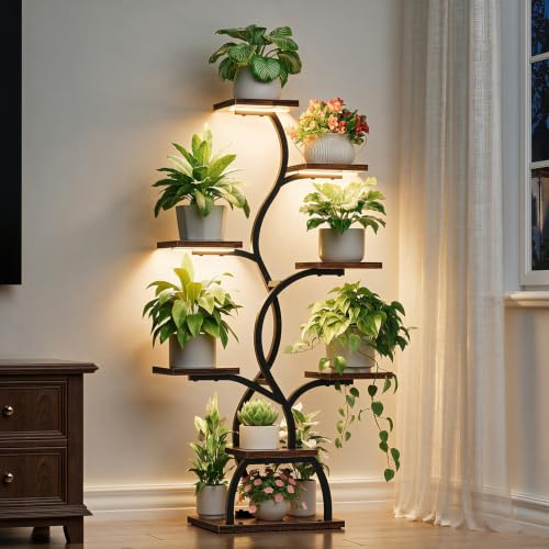 Image of Plant Stand Indoor with Grow Light - 8 Tiered Corner Plant Shelf Indoor | 49 inch Plant Holder with Lights for Indoor Growing, Tall Lighted Flower Stand for Living Room, Balcony, Brown