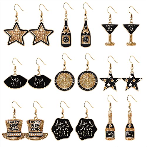 9 Pairs Happy New Year Earrings Sets Holiday Earrings Glitter Star Champagne Bottle Top Hat Dangling Earrings for Women New Years Eve Festive Party Jewelry Gifts