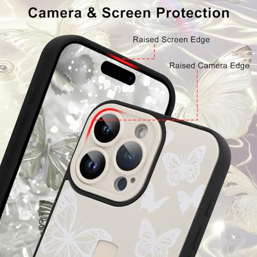 Image of for iPhone 16 Pro Max Case with Finger Strap Holder, Cute Cool Butterfly Print Pattern Design for Women Men, Shockproof Anti Scratch Hand Kickstand Protective Cover, White
