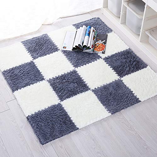 Lkxharleya 16Pcs Interlocking Foam Mats, Fluffy Carpet Tiles Plush Area Rug Interlocking Floor Tiles Soft Baby Playmat Puzzle Floor Mat, Grey #TOP3