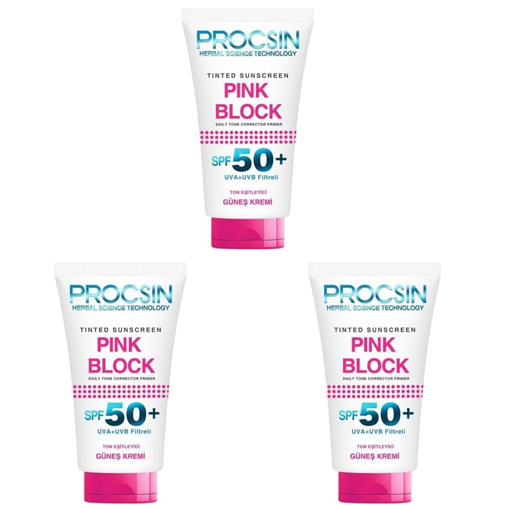 PROCSIN Pink Block Aydınlatıcı SPF 50+ Güneş Kremi, Leke Karşıtı & Cilt Tonu Eşitleyici, Yoğun Nemlendirici & Cildi Besleyici, 50 ML (3 paketi)