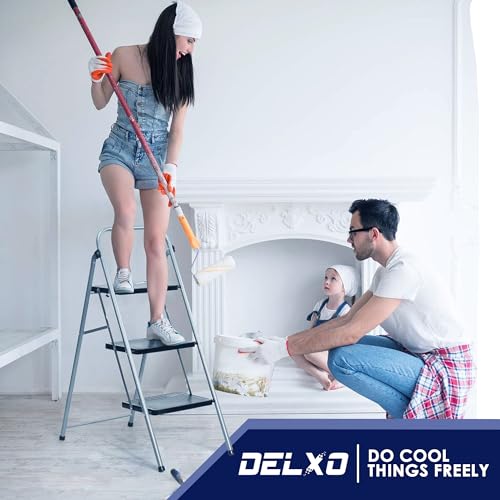 Delxo Escada portátil dobrável de liga de aço leve em 3 degraus com pedal largo, pega de mão e mecan