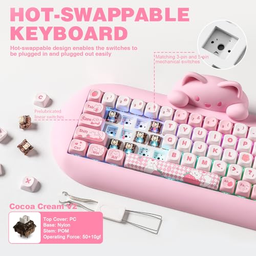 Image of YUNZII C68 Wireless Mechanical Keyboard,65% Layout,Hot Swap,Triple Mode BT5.0 /2.4G /Wired, RGB Backlit NKRO,Cute Cat Silicone Ergonomic Design for Win /Mac(Pink, Cocoa Cream V2 Switch)