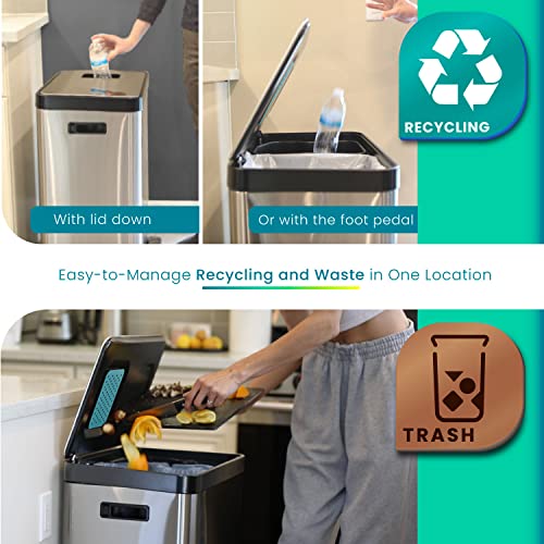 Home Zone Living 19 Gallon Kitchen Trash Can with Dual Compartments for Recycling, CleanAura Odor Control, Stainless Steel, Silver, 70 Liters Total, Gen 1