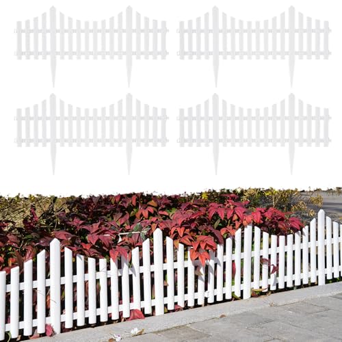 Sungmor Lightweight & Flexible Plastic White Edging Garden Picket Fence, Pack of 4 (One Piece L:24in, W:0.3in, H:13in) Above Ground Height 9.5in, Decorative Landscape Lawn Flowerbed Border Path Panel