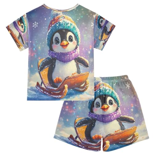 ALAZA Cute Penguin Snowflake Christmas Pajamas Set Short Sleeve Cotton Sleepwear Summer Pjs 2 Piece 5-14Y2