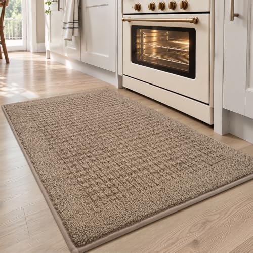 tchdio Kitchen-Mats for Floor, Kitchen Rugs Non Slip Washable 20'x32' Beige | Absorbent Kitchen Mat TPR Backed, 3D Polypropylene Kitchen-Rug Durable Kitchen Floor Mat Stain Resistant Front of Sink