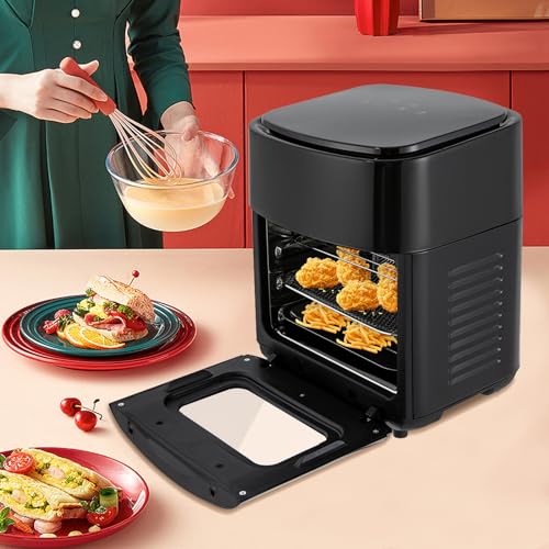 TaNeHaKi Air Fryer Fritteuse 15L Air Fryer Ofen Heißluftfritteuse 80-200℃ Airfryer mit LED-Touchscreen Fritteusen Air Fryer Digitale Heißluftfritteuse mit Glastürfenster 1400W (Schwarz) – Bild 8