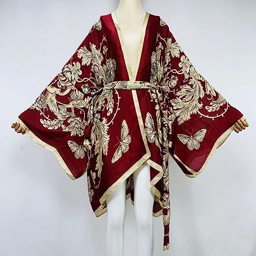 Bikini Sweet Lady Pink Boho Print Self Belted Front Open Long Kimono Dress Beach Tunic Women Wrap Dresses2