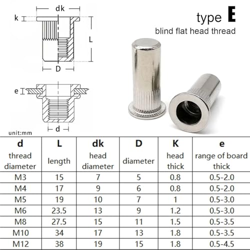 Insert à sertir semi-hexagonal M8 acier inoxydable 304 rivet fileté pas fin Type E 40pcs