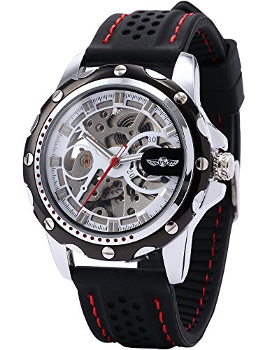 AMPM24 Men's Skeleton Automatic Mechanical Black Silicone Band Sport Wrist Watch PMW082