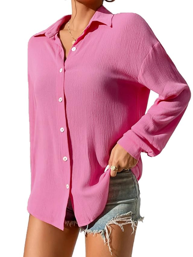 Women’s Casual Crepe Long Sleeves Solid/Plain Pink Shirt