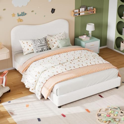 GarveeHome Twin Bed Frame for Kids with Velvet Upholstered Headboard, Cute Low Profile Platform Bed for Girls and Boys, No Box Spring Needed, Strong Wooden Slats, Noise Free, Easy Assembly, White