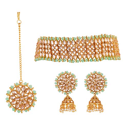 Jwellmart Elegant Indian Wedding Wear Faux Kundan Studded Choker Necklace with Maang Tikka Set Ethnic Fashion Jewelry for Women (Mint Green)