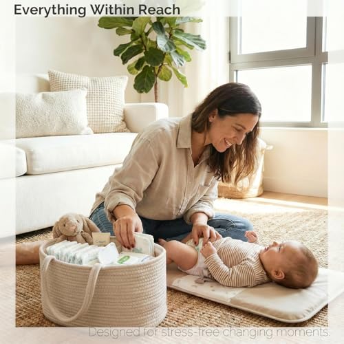 Image of luxury little Diaper Caddy Organizer, Large Cotton Rope Nursery Baby Basket, Changing Table Organizer for Baby Diaper Storage, Portable Car Organizer Removable Divider (Oatmeal, Large)