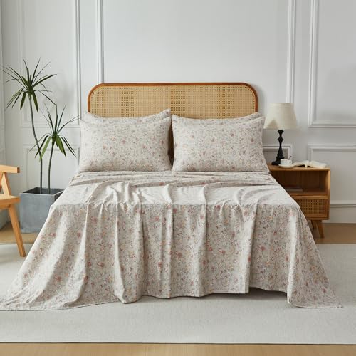Image of FADFAY 100% Cotton Full Sheet Set - 4 Pieces Soft Floral Sheets - Breathable & Cooling - Easy Care Double Gauze Bedding, Pink