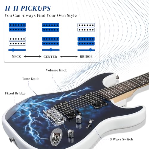 Image of Ktaxon 39 Inch Solid Body Electric Guitar with H-H Pickup, White Lightning | 6 Strings Guitarra Electrica with Gig Bag, Strap, Whammy Bar, Maple Neck for Beginners & Musicians, Rock Metal, Right Hand
