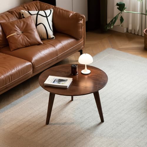 Grewood Small Round Coffee Table,Solid Oak Wood Coffee with Three Legs Stable Structure, Low Coffee Table, Small Round Side Table,Space-Saving Table for Living Room,Walnut
