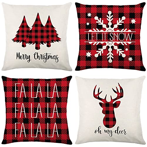 Ohok Housse de Coussin Joyeux Noël Sapin de Noël Décoration de Noël Motif Taie d'oreiller 45 x 45 cm pour Canapé Maison Salon Chambre Décoration 4 pièces (Noël à Carreaux Rouge et Noir) Cover