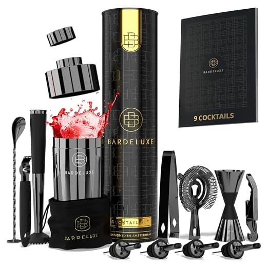 BarDeluxe® Kit de Cocteleria de 12 Piezas, Set de Cocteleria | Set Cocteleria Profesional, Juego de Coctelera, Cocktail Kit | Coctelera 750 ml, Coctelería Kit | Elegante Caja de Regalo, Bolsa(Negro)