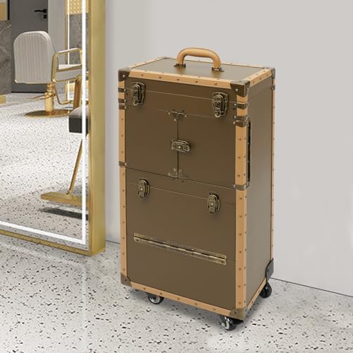Image of Stylist Modern Rolling Hairdressing Trolley, Lockable Makeup Train Case Beauty Salon Gold Cosmetic Luggage Travel Organizer Tool Box with Hair Dryer Holder