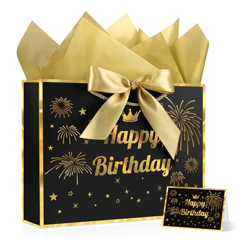 Image of JMANNI Black Gold Happy Birthday Gift Bag with Card and Tissue Paper, 12.6 inchx9.84 inchx3.9 inch Elegant Present Bag for Men Women, Year Old Birthday Keepsake Party Supplies