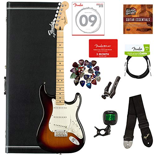 Fender Player Stratocaster, Maple - 3-Color Sunburst Bundle with Hard Case, Cable, Tuner