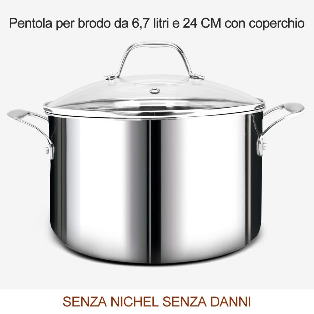 HOMICHEF 14 pezzi set di pentole in acciaio inox senza nichel, rivestito in 3 strati - Set di pentole e padelle lucidate a specchio - Pentole salutari con vaporiera - Pentole a induzione atossiche