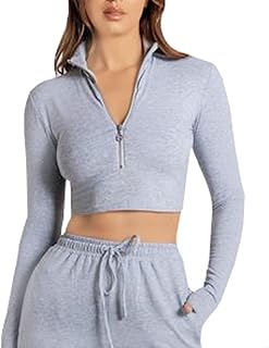 Women Zipper Crop Top Long Sleeve Deep Neck Slim Fit Sexy Pullover Shirt Tank Top Blouse Workout Gym Sports Grey Black White