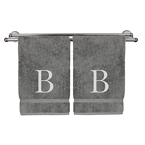 Toalla de mano monogramada, regalo personalizado, juego de 2 toallas bordadas con letras de bloque plateadas, extra absorbentes, 100% algodón turco, acabado de rizo suave, inicial B gris