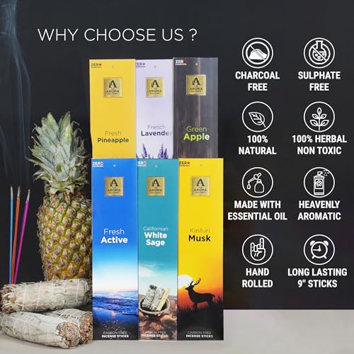 Image of The Aroma Factory Premium Incense Sticks for Pooja | Set of 6 Fragrances Gift Pack (Lavender, Musk, White Sage, Fresh, GreenApple, Pineapple) 120 Agarbatti (6 x 20 Sticks Each)