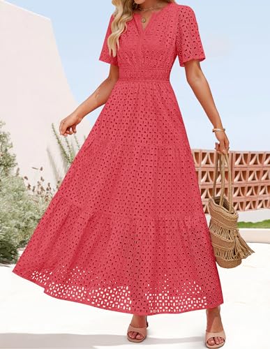 Image of ZESICA Women's 2026 Summer Short Sleeve Maxi Dress Casual V Neck Hollow Out Eyelet Ruffle Swing A Line Long Dresses
