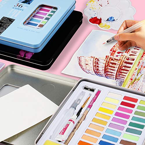 Entweg Conjunto de Aquarelas Sólidas, 48 Cores - com Pincel de Água, Lápis, Esponja, Papel