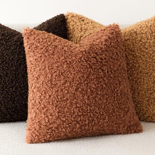 Image of Foindtower Set of 2 Curly Teddy Wool Pillow Covers Decorative Boucle Textured Lumbar Throw Pillow Faux Fur Sherpa Pillowcases Sheepskin Fuzzy Cushion Case for Sofa Bedroom Car 12 inchx20 inch Burnt Orange