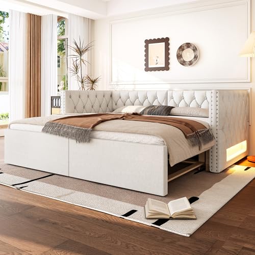 TOBIDOEN Sofá cama de 90 x 200 cm con cama nido a la misma altura, respaldo acolchado y reposabrazos, cama de día con función LE/D, cama nido extensible hasta cama doble de 180 cm, lino+MDF, color