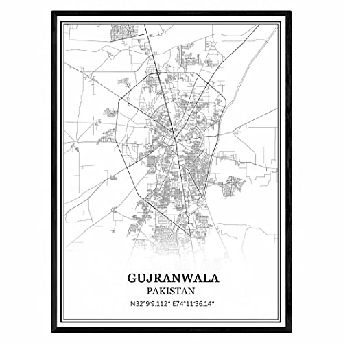 Gujranwala Pakistan Map Wall Art Canvas Print Poster Artwork Unframed Modern Black and White Map Souvenir Gift Home Decor