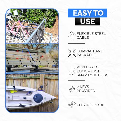 Image of DocksLocks Weatherproof Security Cable Lock with Keys (5ft to 25ft Lengths) Anti-Theft for Kayak, Bike, Paddleboard, Scooter, Equipment, Bicycle