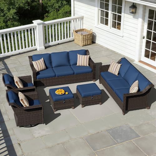 Image of 6 Piece Patio Furniture Set, Wicker Outdoor Conversation Set | Patio Chair Set with Olefin Removable Cushion, All-Weather Outdoor Couch with Deep Seat for Porch, Deck and Backyard, Blue