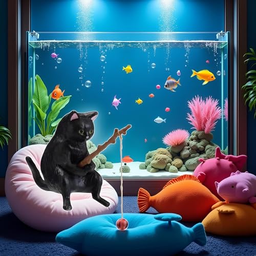 Image of BWESOO Black Fish Tank Landscaping Cartoon Fishing Cat Ornaments Aquarium Accessories Household Supplies Home Office Decorations Fishing Cat Figurine Ornaments Aquarium Decor