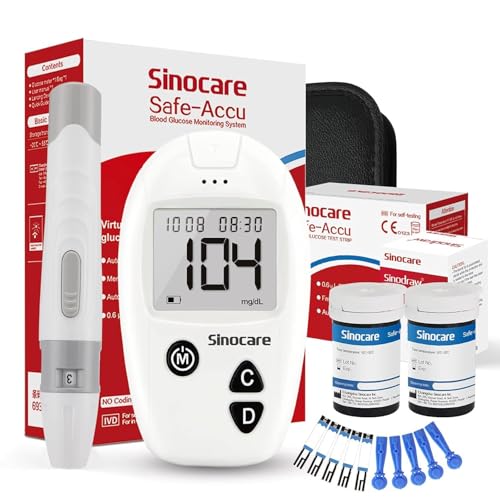 Blutzuckermessgerät, Blutzuckermessgerät Set mit Teststreifen 50, sinocare Safe-Accu Glucose Monitor mg/dL für Blutzuckerkontrolle, Schmerzfrei, 200 Gruppen von Speicherwerten