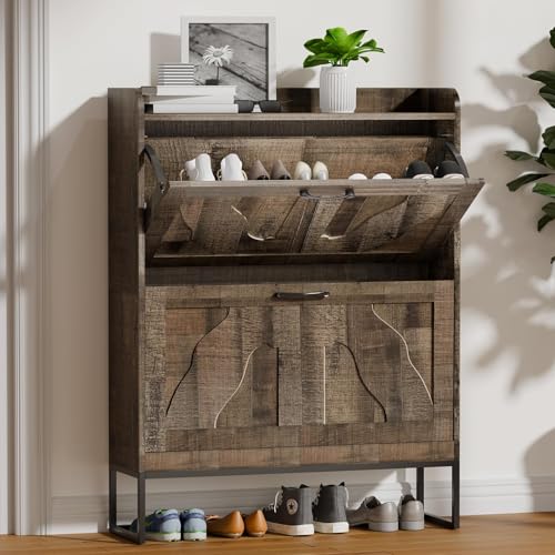 infurnic Shoe Storage Cabinet with 2 Flip Drawers, Freestanding Shoe Organizer with Metal Legs, Farmhouse Narrow Shoe Rack for Entryway, Hallway, Foyer, Elegant Gray