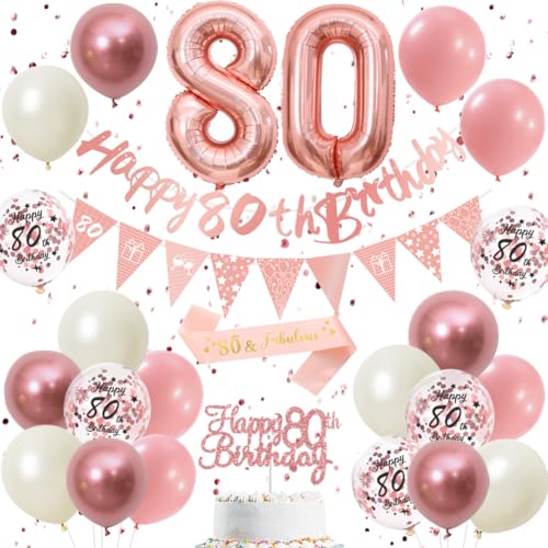 80th Birthday Decorations Retro Pink Rose Gold - Double Digits 80 Party Supplies Set for Women & Girls birthday Banner Pennant Flags Cake Topper Balloon Assortment (80th Pink Birthday Set)