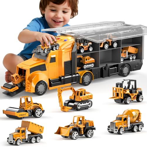 Construction Trucks Toy Set with Play Mat, Carrier Truck Play Veh...