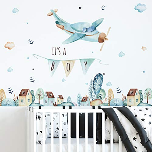 Image of Its a Boy Banner Airplane Wall Stickers Aircrafts Birthday Banner Nursery Wall Decal for Nursery Playroom Girls and Boys Children's Bedroom Home Decor