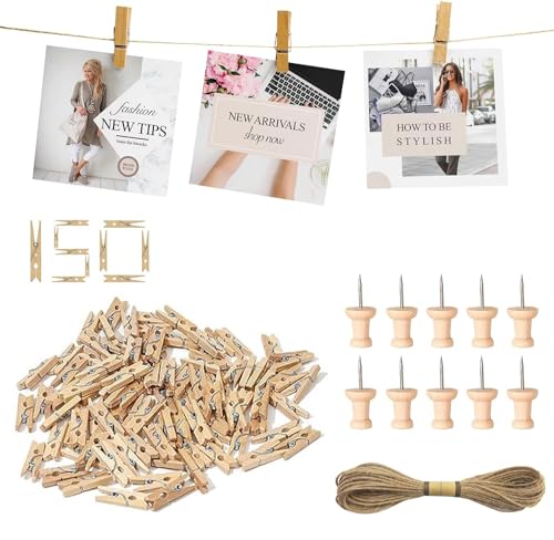 Jogoico Mini Pince à Linge Bois 150PCS, 25mm Naturel Épingles à Linge Bois Petite avec 10M Ficelle de Jute et 10PCS Punaises Liege, Photo Déco pour Cartes...
