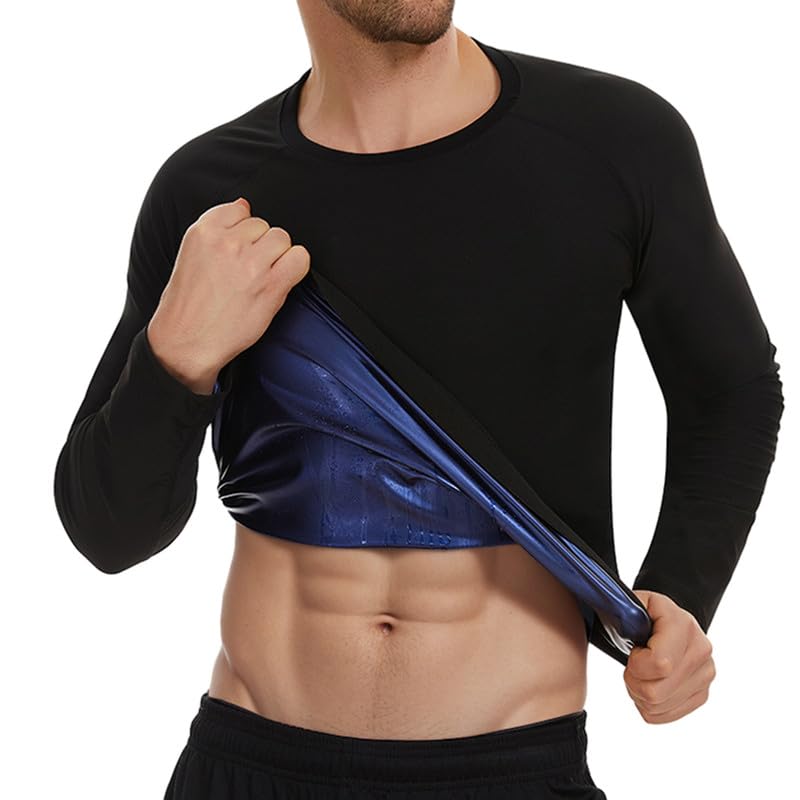 SHAPERIN Sauna Shirt for Men Long Sleeve Sauna Top Heat Trapping T-shirt Sauna Suit Sweat Vest Body Shaper Gym Workout (Black,S)